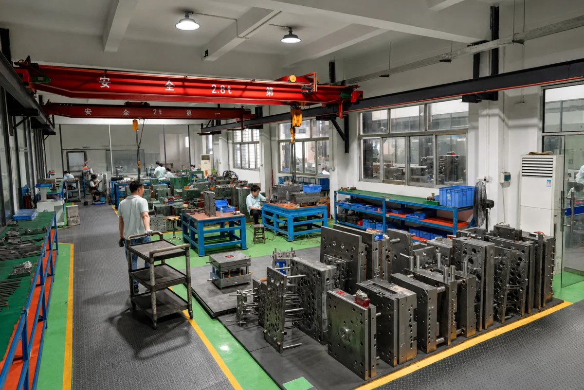 Mold assembly floor with tooling benches and molds staged for review