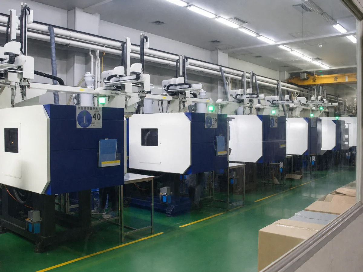 Row of injection molding machines equipped with automated part-removal robots