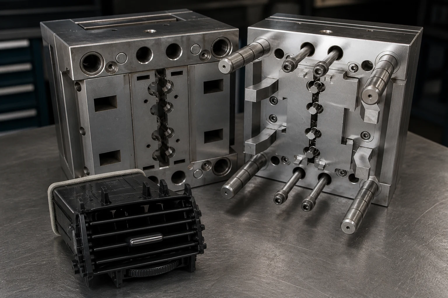 Automotive air-vent component positioned in front of its injection mold