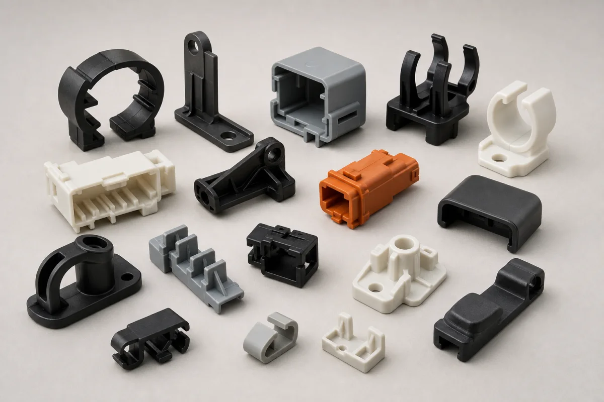 Representative custom injection molded clips, brackets and mounting components
