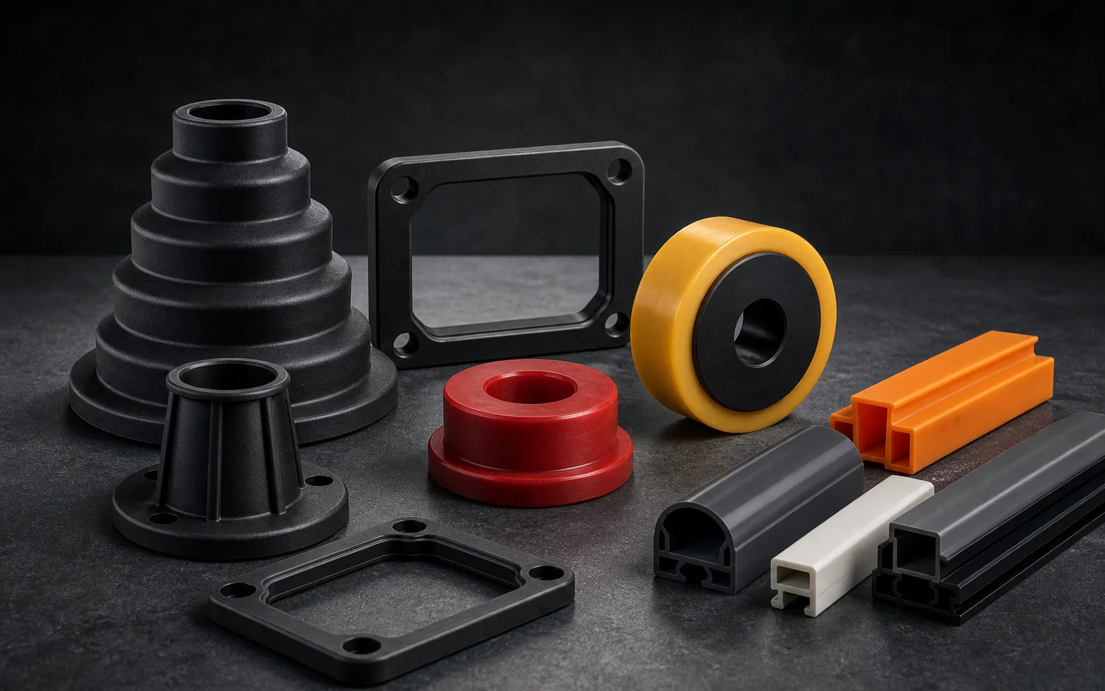 Representative machinery parts in rubber, polyurethane and engineered plastic