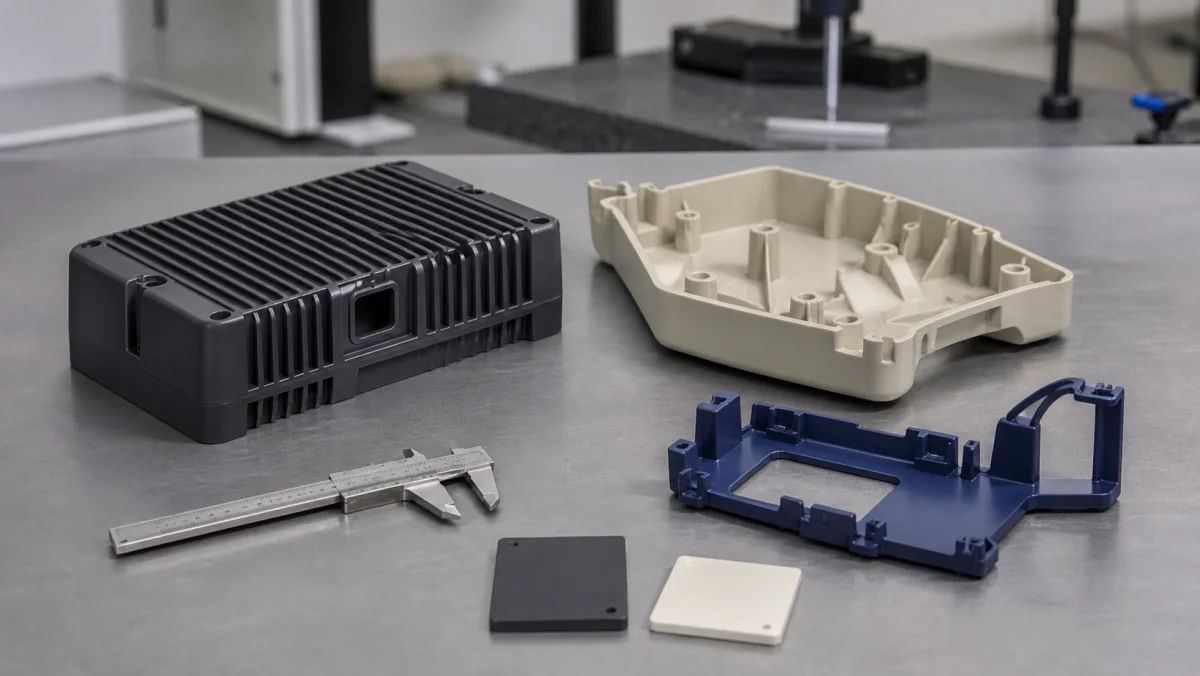 Three custom molded functional components on an engineering workbench