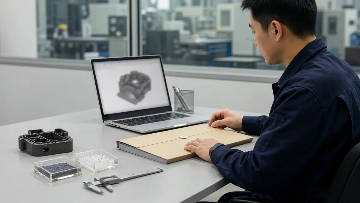 Project engineer organizing a molded sample and engineering inputs