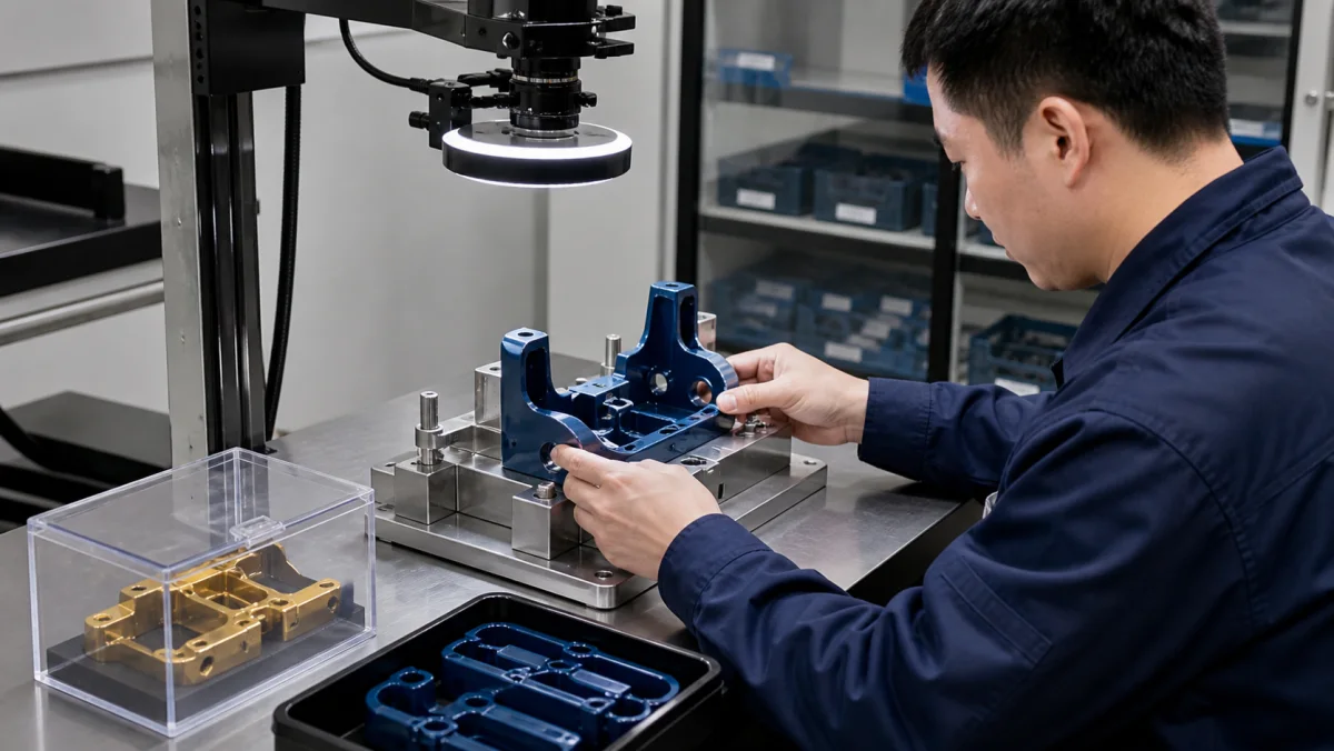 Quality engineer placing a molded bracket into an optical inspection fixture