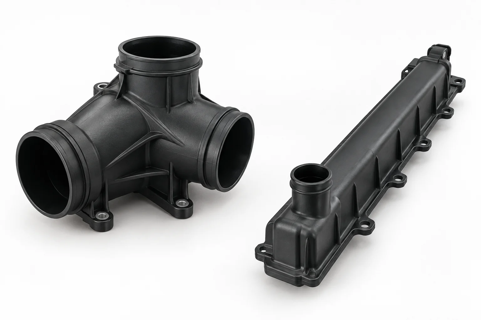Illustrative air intake housing with open ports beside a long molded radiator end tank