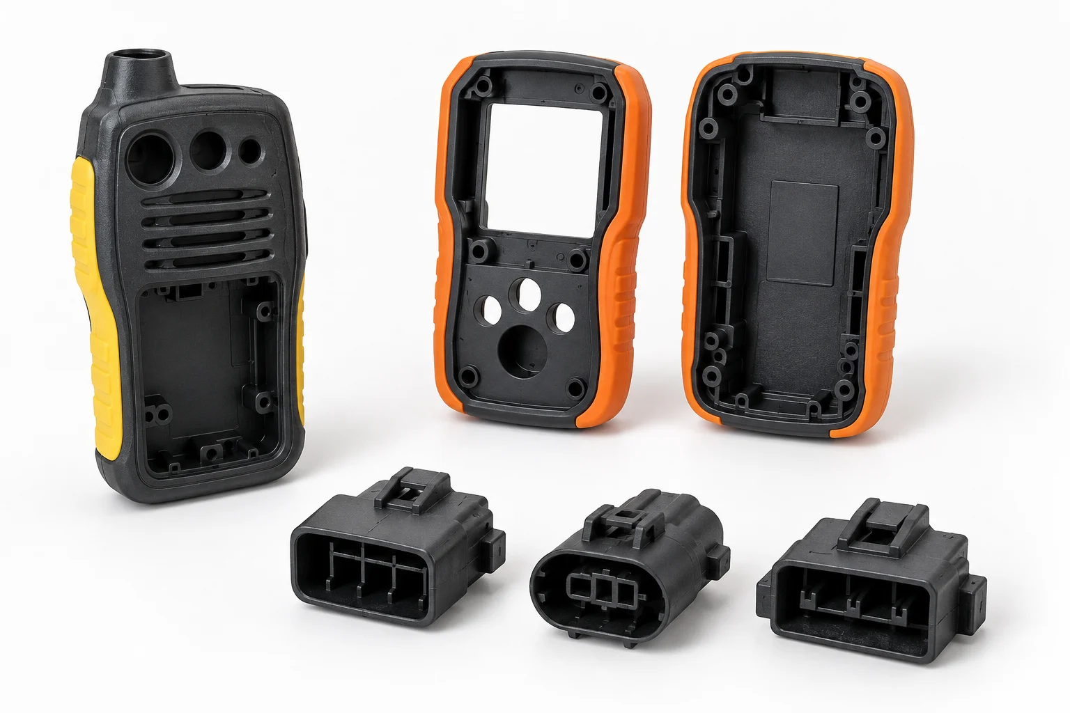 Illustrative handheld device housings, separate enclosure shells and small connector housings