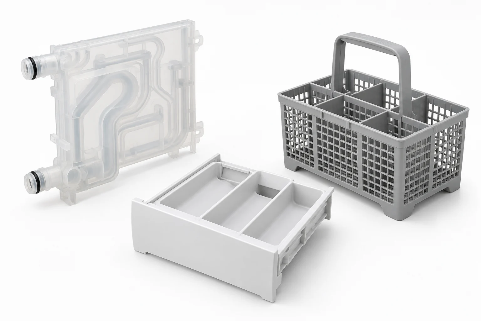 Illustrative appliance components showing water channels, divided detergent compartments and an open drainage basket