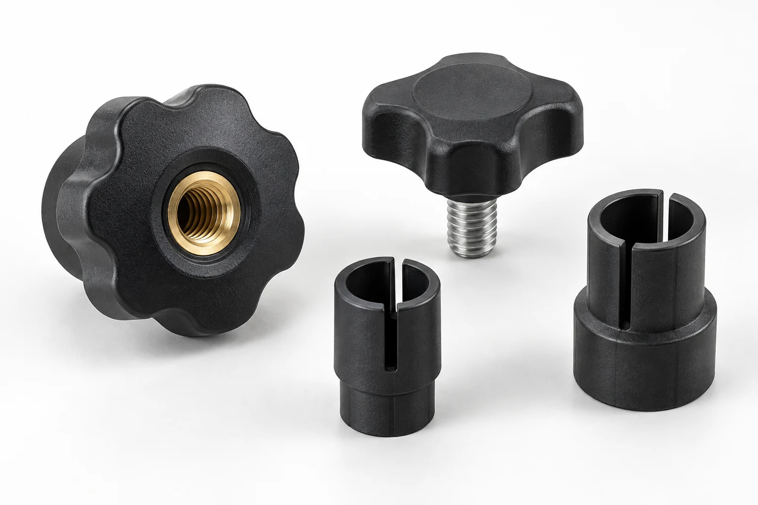 Illustrative adjustment knob with brass insert, plastic-head thumb screw and slotted connector sleeves